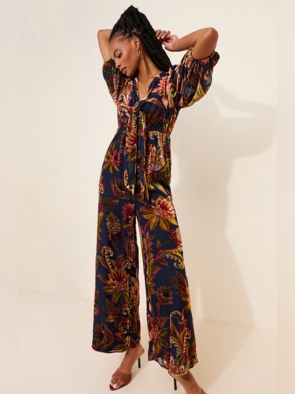 Farm Rio for Anthropologie Puff Sleeve Velvet Jumpsuit